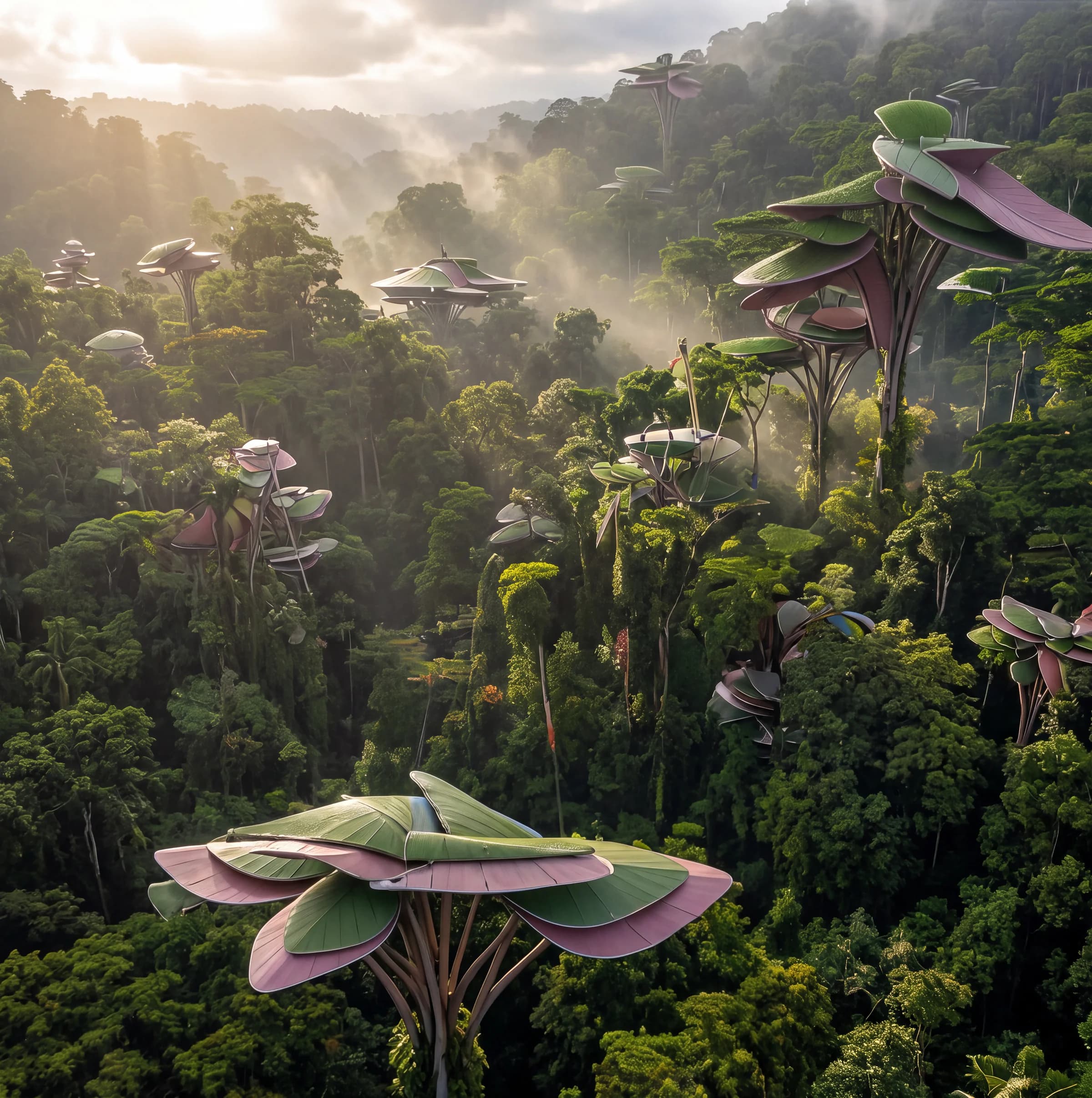 An aerial view over a misty tropical forest valley where tall botanical structures with layered green and rose-violet petal canopies rise among the trees.