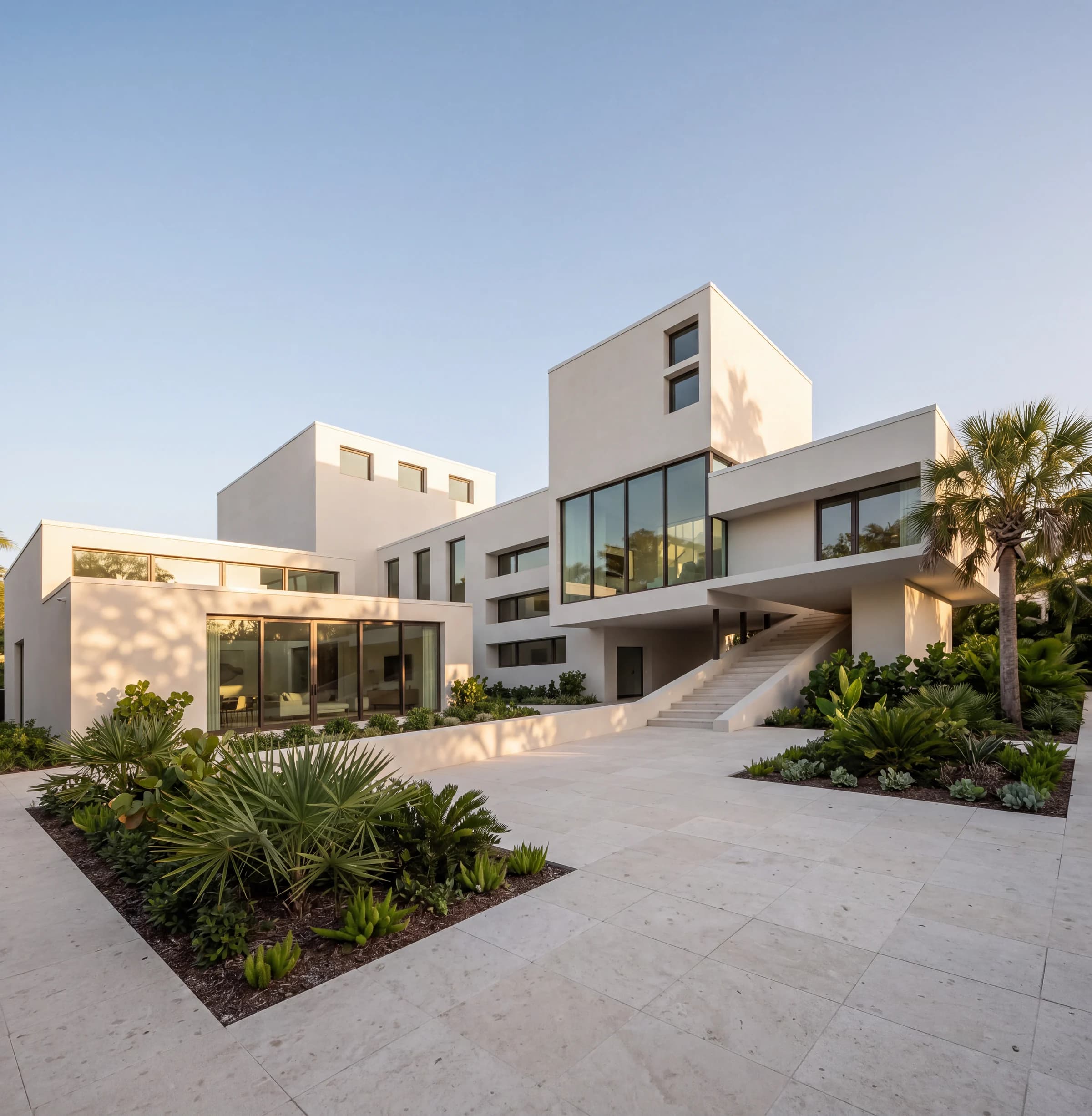 A white house of stepped cubic volumes around a paved entry court, with a glazed upper bridge, an exterior stair rising on the right and rectangular beds of subtropical planting.