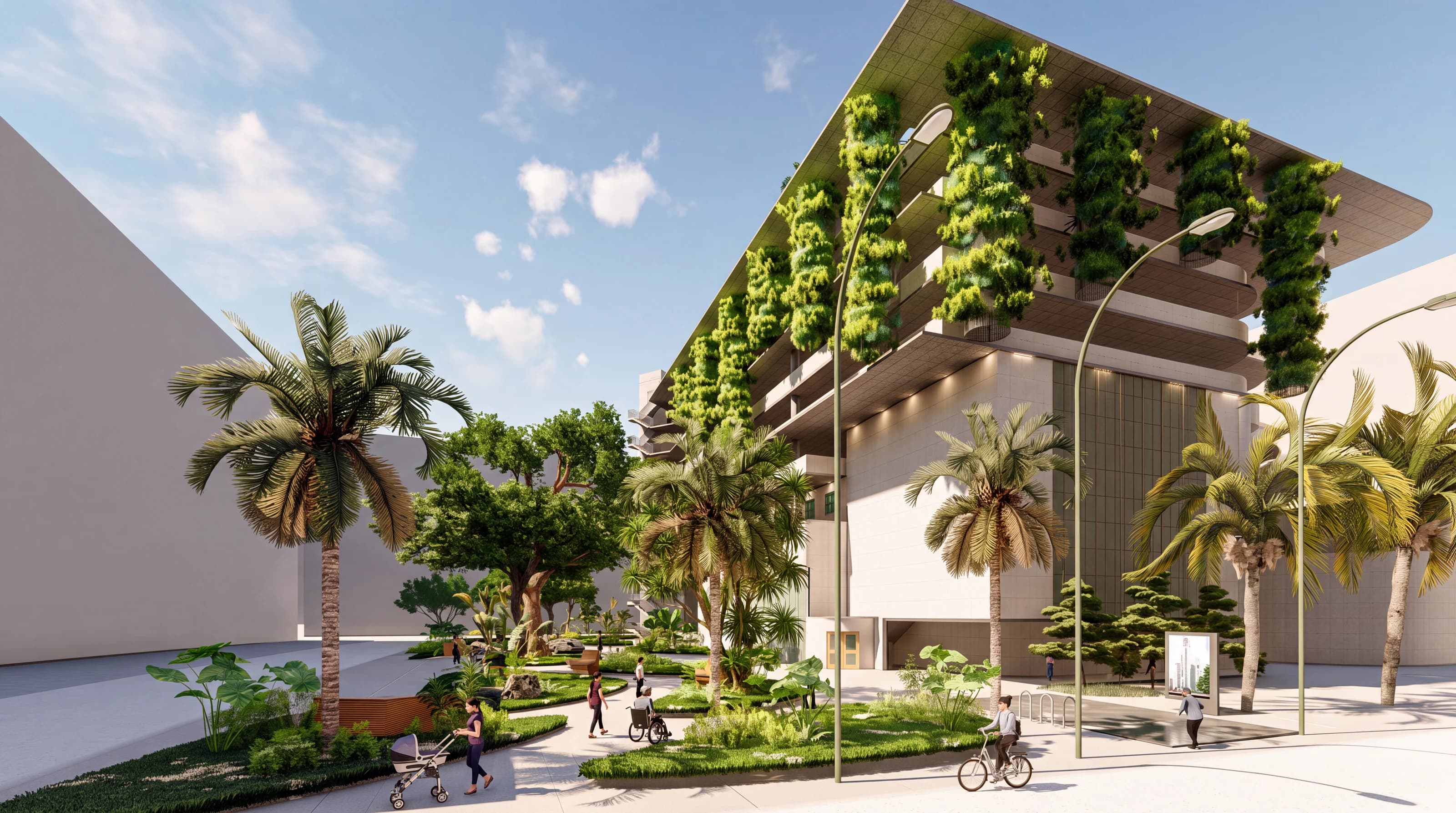 A civic building whose terraces carry hanging vertical gardens beneath a broad roof edge, fronting a public garden of palms, lawns and curving paths where people walk, push a stroller and cycle.