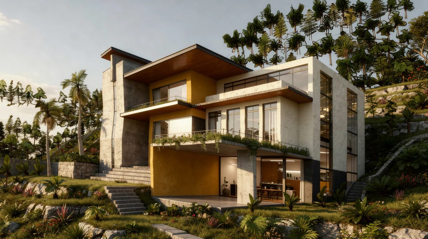 A hillside house with a tall stone volume on the left, offset terraces under thin timber-lined roofs, a warm ochre wall at its center and stone steps climbing a planted slope.