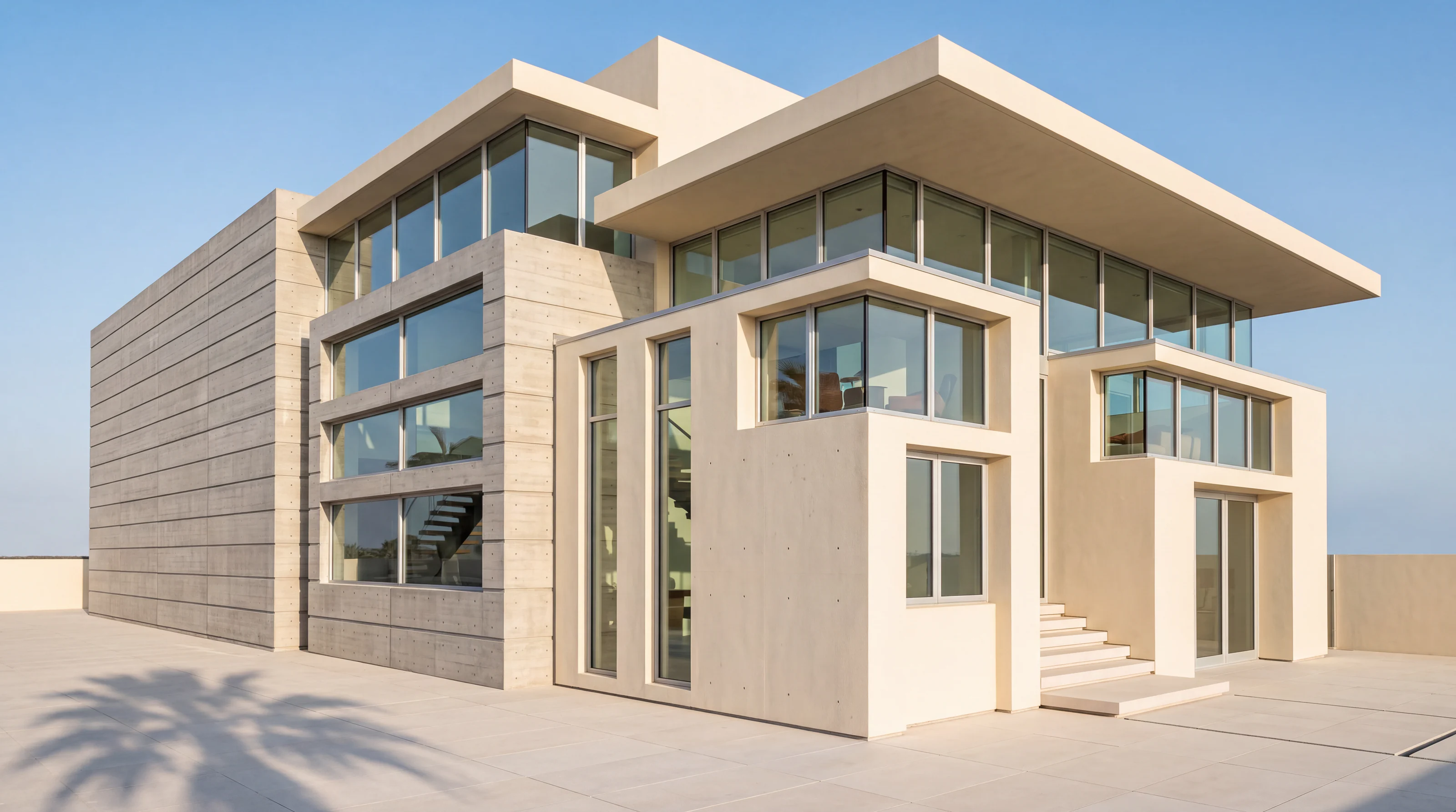 A cream stucco and board-formed concrete house under a broad cantilevered flat roof, with ribbon windows, tall slot windows and an entry stair, on a pale stone terrace against a clear blue sky.