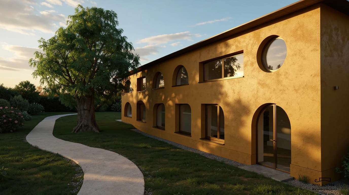A long ochre plaster atelier with rows of arched and square windows, one round window and an arched glass entrance, beside a large tree and a curving garden path in low sun.