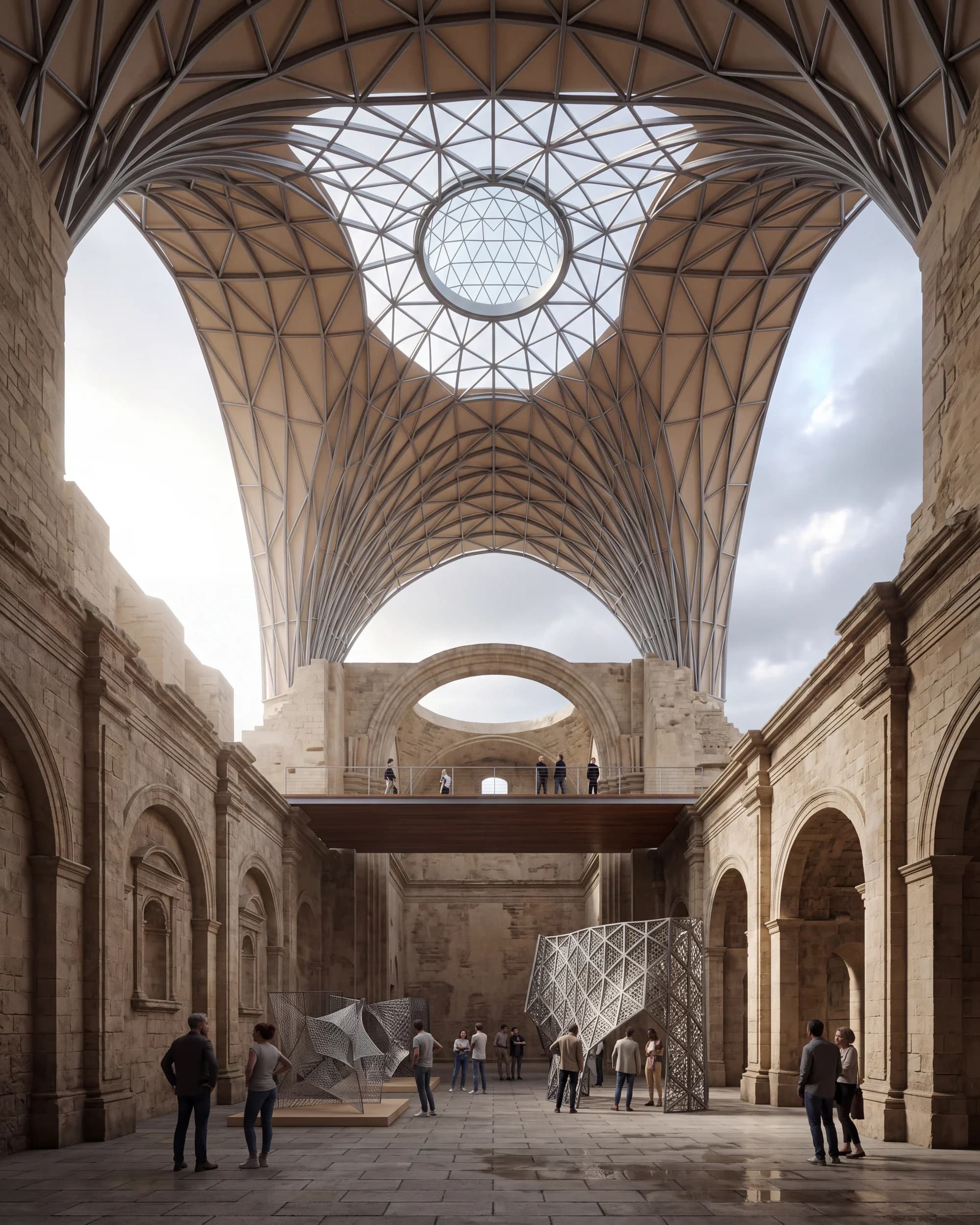 Looking up through a tall stone courtyard to a lattice vault around a circular rooflight, with a bridge spanning the far end and visitors among mesh sculptures below.